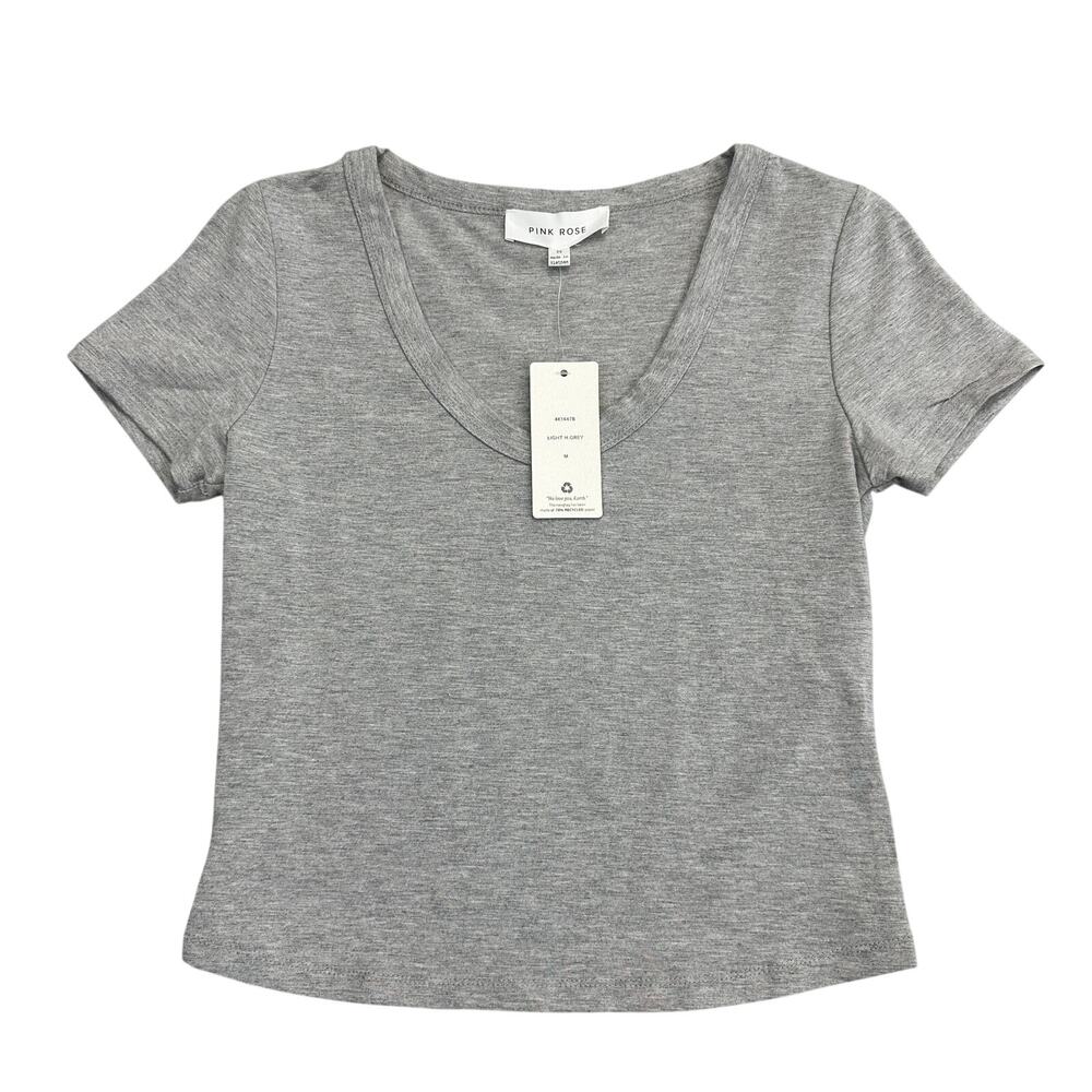 Pink Rose Semi-Crop T-Shirt WMNS M Heather Gray Cotton Scoop Neck Short Sleeve